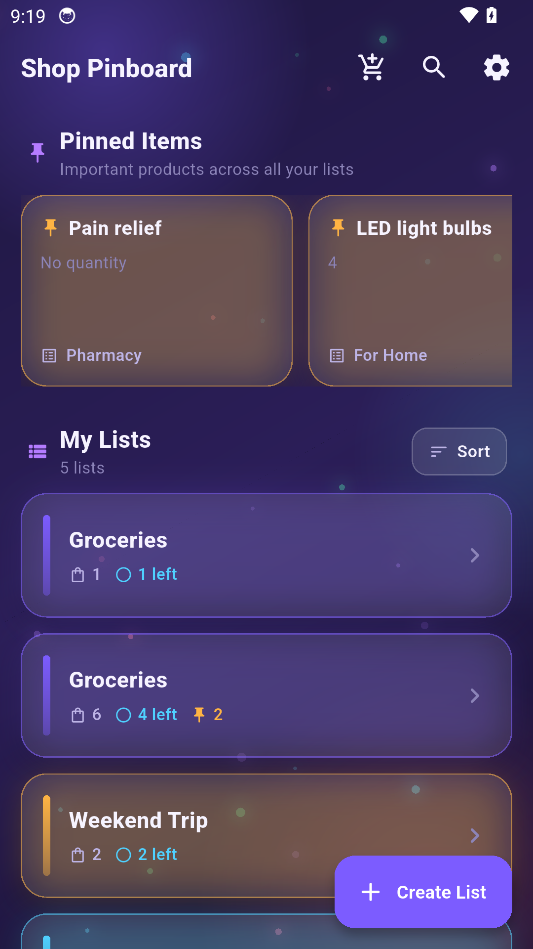Shop Pinboard lists screen